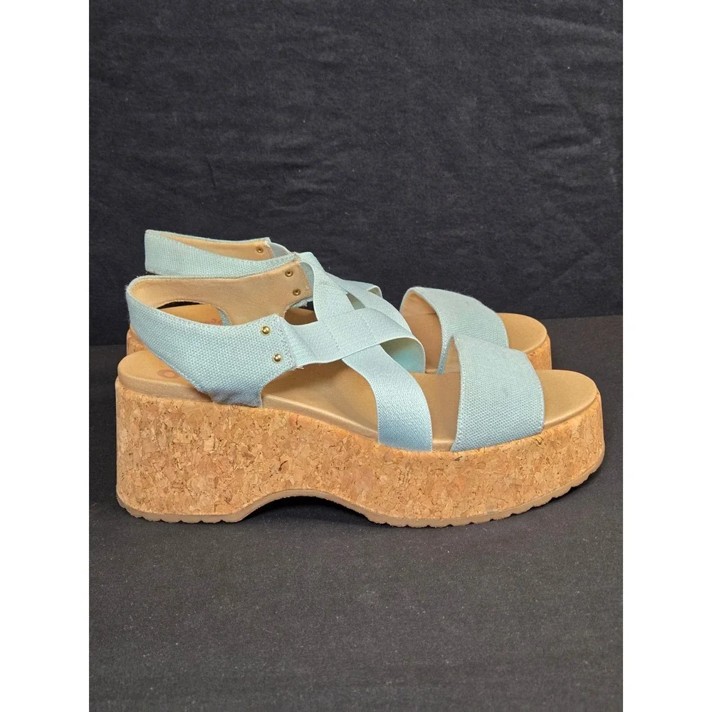 Dr. Scholls Forever Original Light Blue Cork Platform Wedge Sandals Womens‎ 9m